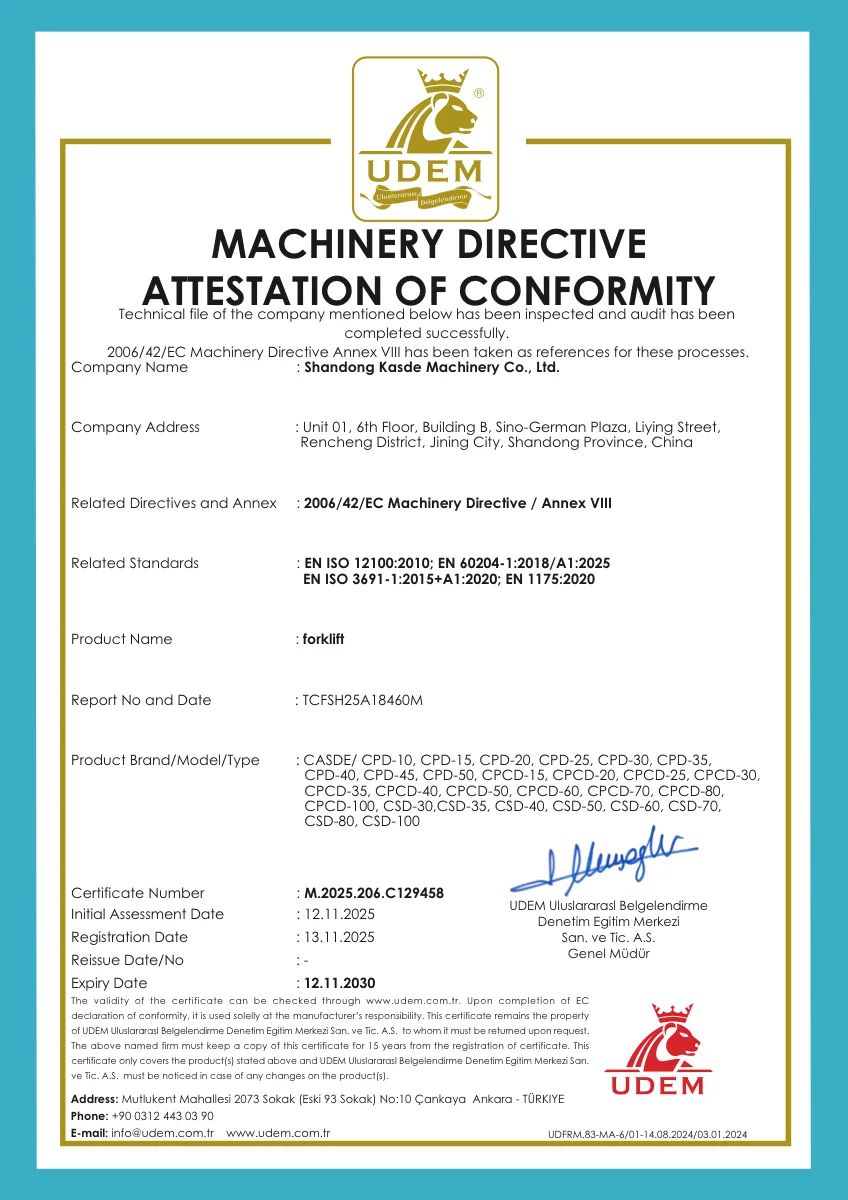 CE certificate for CASDE forklifts