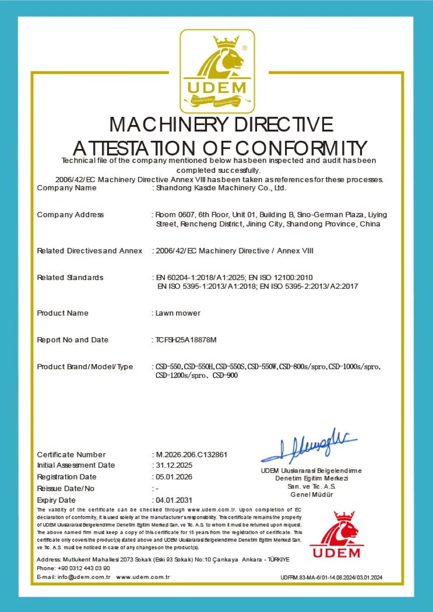 CE certificate for CASDE lawn mowers
