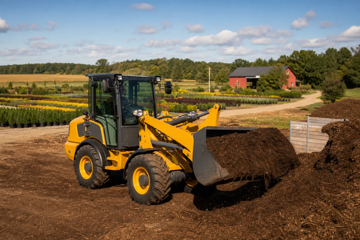 CASDE compact wheel loader working in agriculture and landscaping
