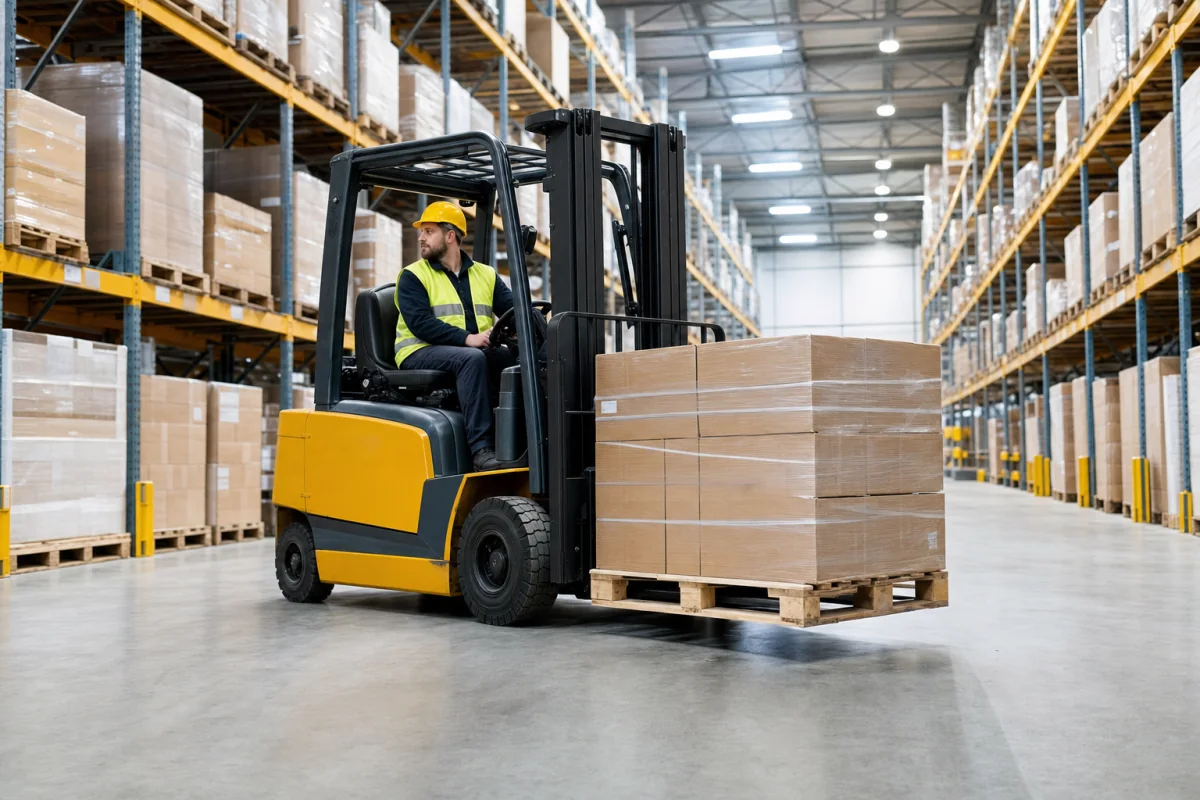 CASDE forklift handling palletized goods in a warehouse