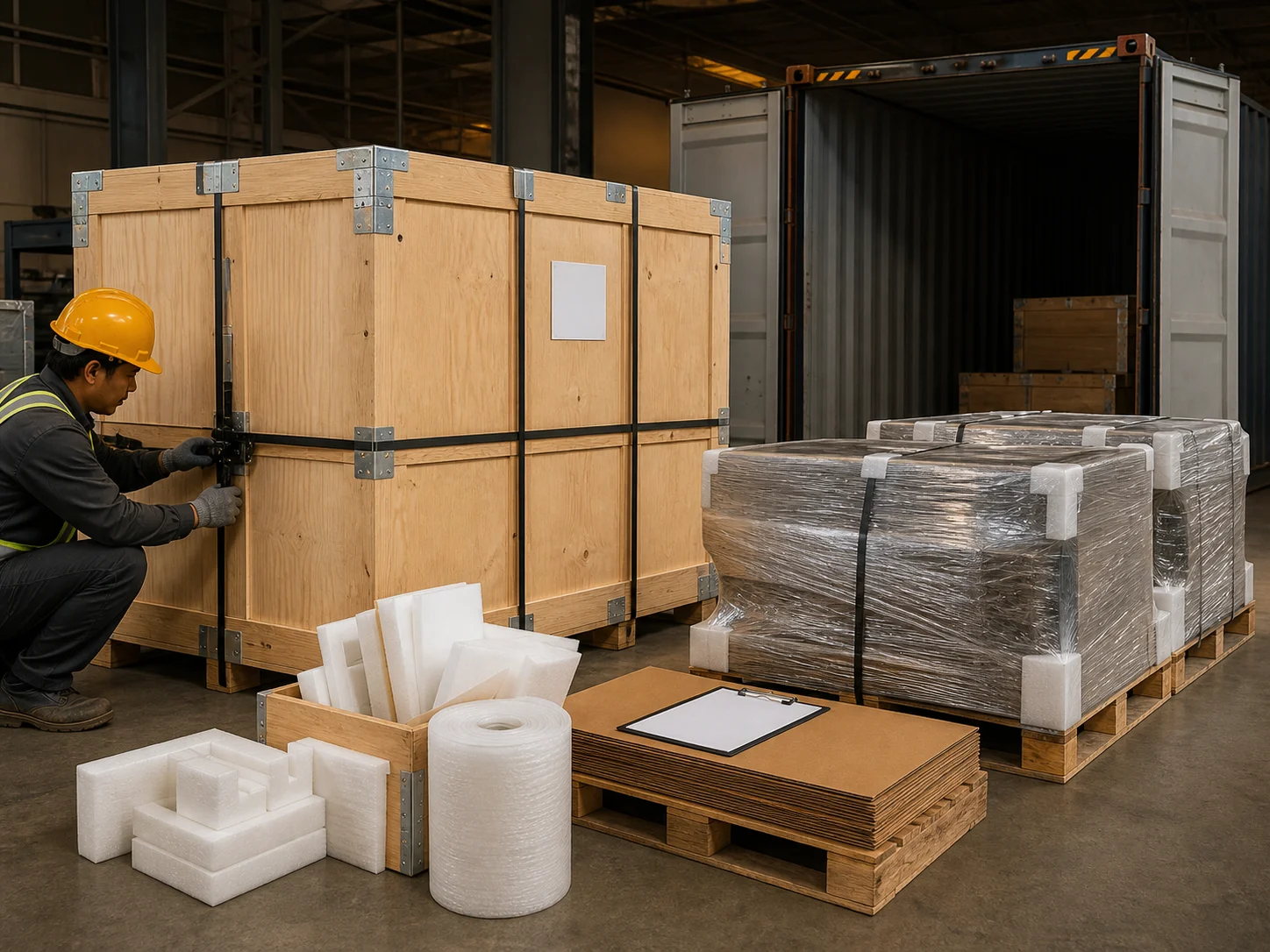Custom machinery export packaging and container preparation