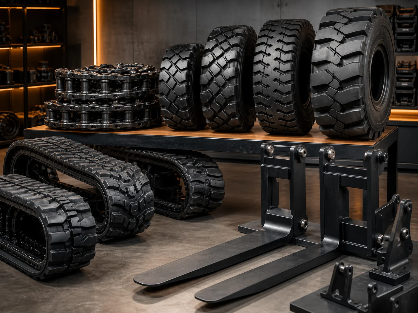 Rubber tracks, tires and fork component options