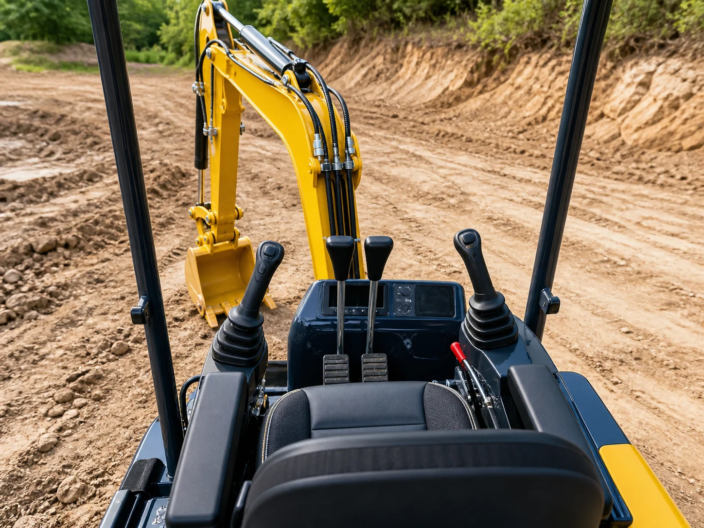 Mini excavator operator area and controls